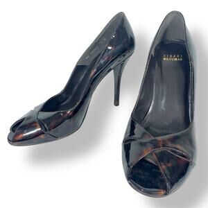 STUART WEITZMAN Patent Leather Tortoise Heels Peep-toe Stiletto Made in Spain 7